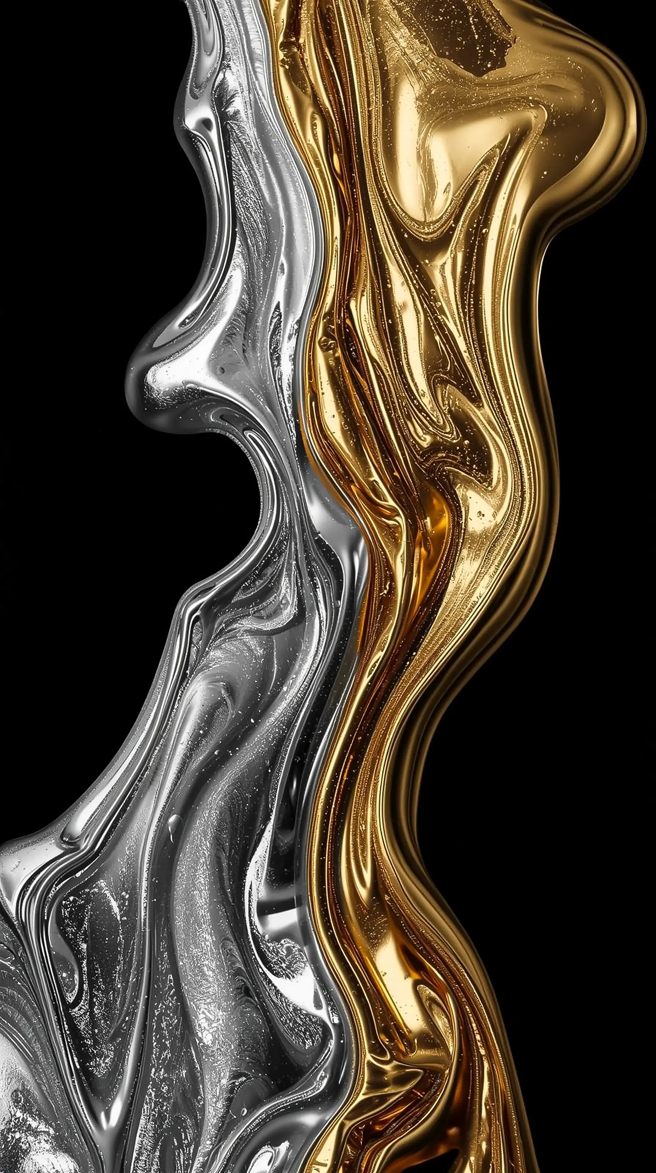 4k wallpaper for mobile Liquid Metal Fusion Silver Gold Waves, Glossy Chrome Fluid Sculptural Flow on Black Dramatic 4k