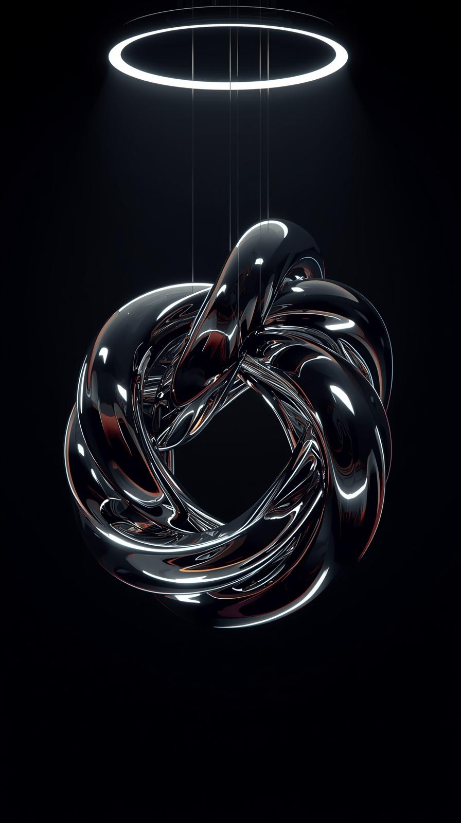 4k wallpaper for mobile Sleek Silver Metallic Infinity Knot Hanging from Neon Halo Ring Shiny Chrome Surface Dramatic Lighting Black Background Cyber Luxury