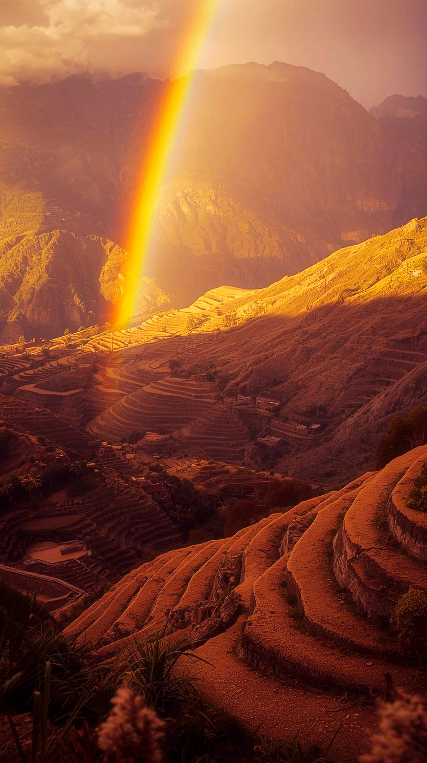 Golden hour rainbow over terraced hills, iphone wallpaper 4k, cute 4k wallpaper for iphone, 4k backgrounds iphone 4k