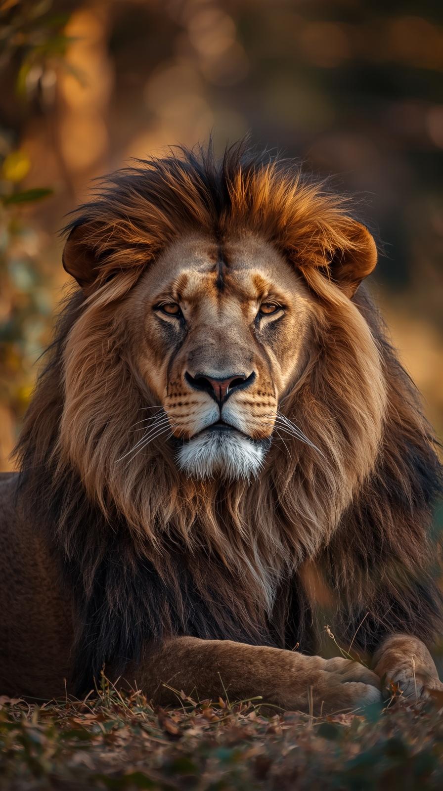 Majestic lion portrait with golden fur and intense gaze in natural habitat