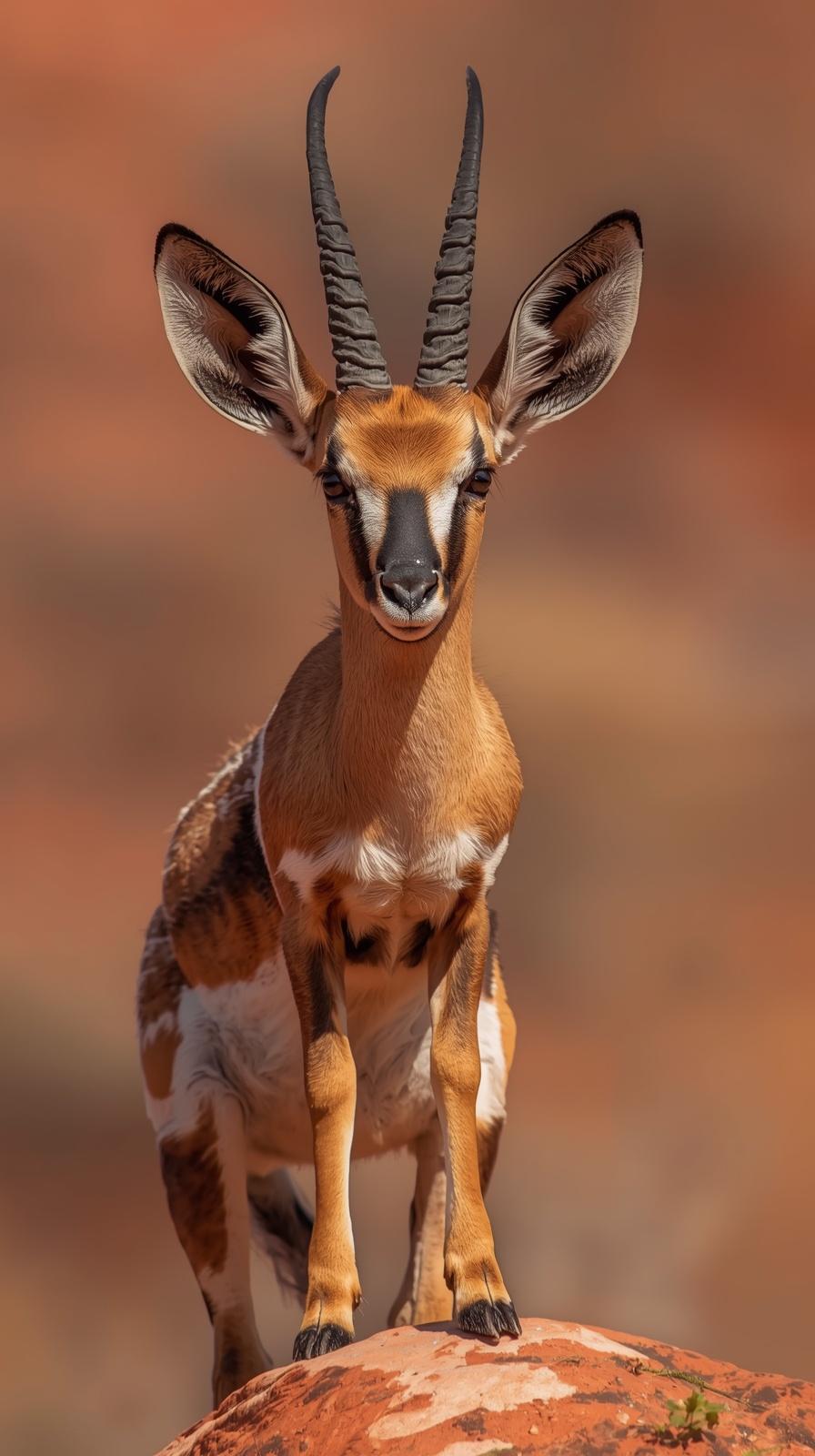 Majestic young gazelle standing on rock, serene wildlife portrait.