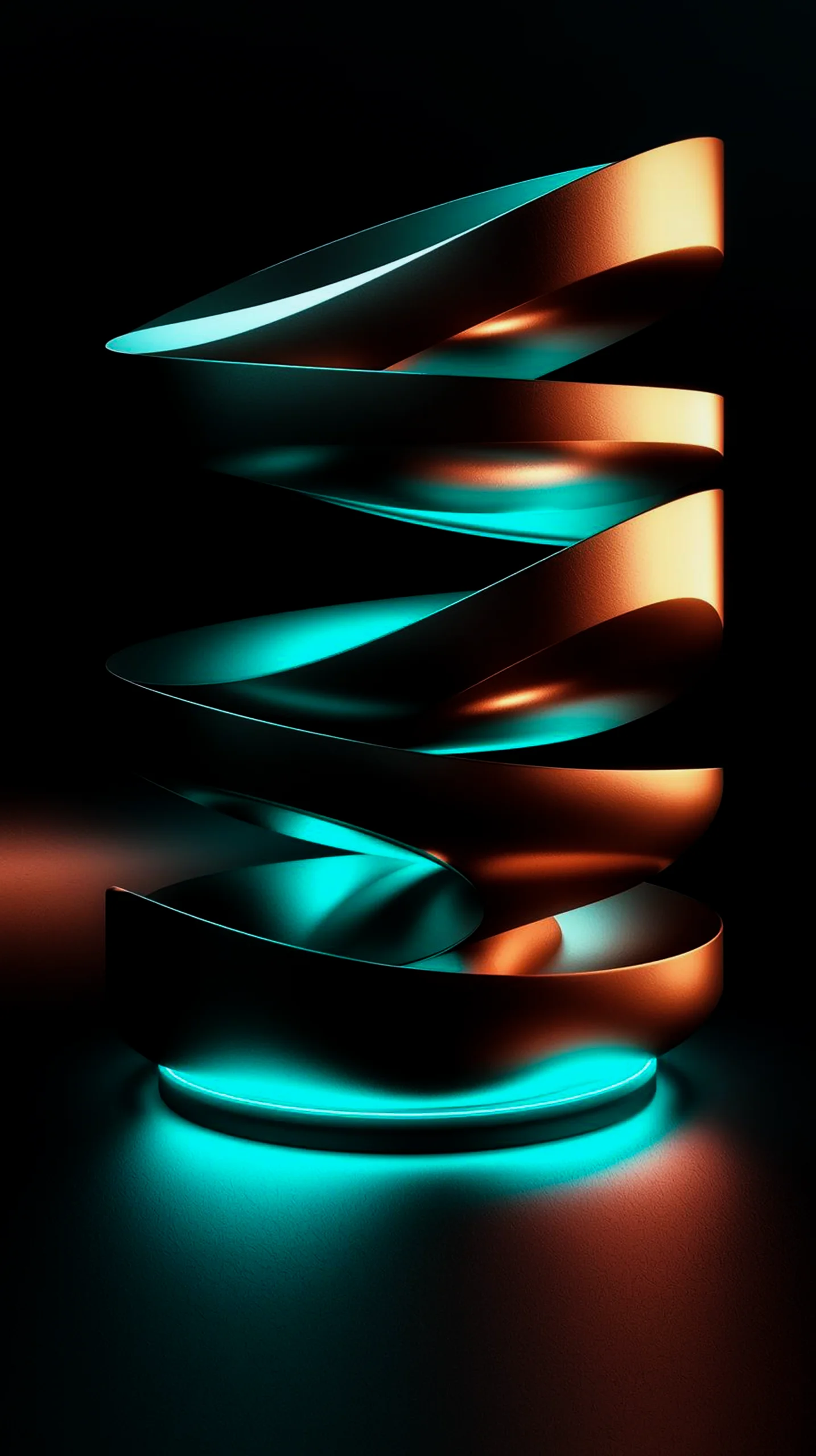 A dark abstract wallpaper featuring a swirling ribbon illuminated by neon teal and orange lights, perfect for mobile