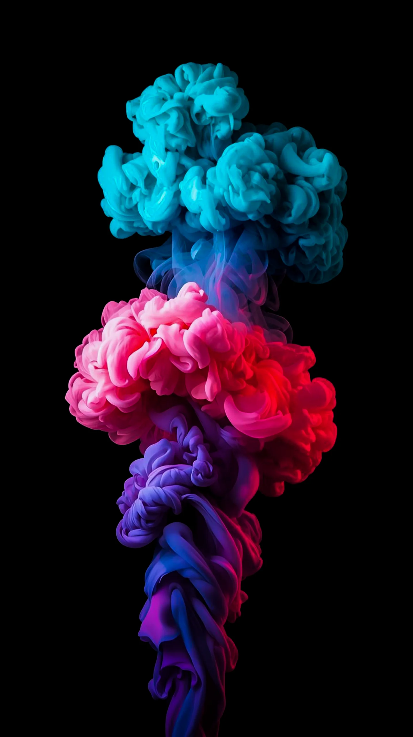 Abstract ink splash in pink, blue, and purple on black background. AMOLED wallpaper 4K for mobile, iPhone wallpaper 4K,