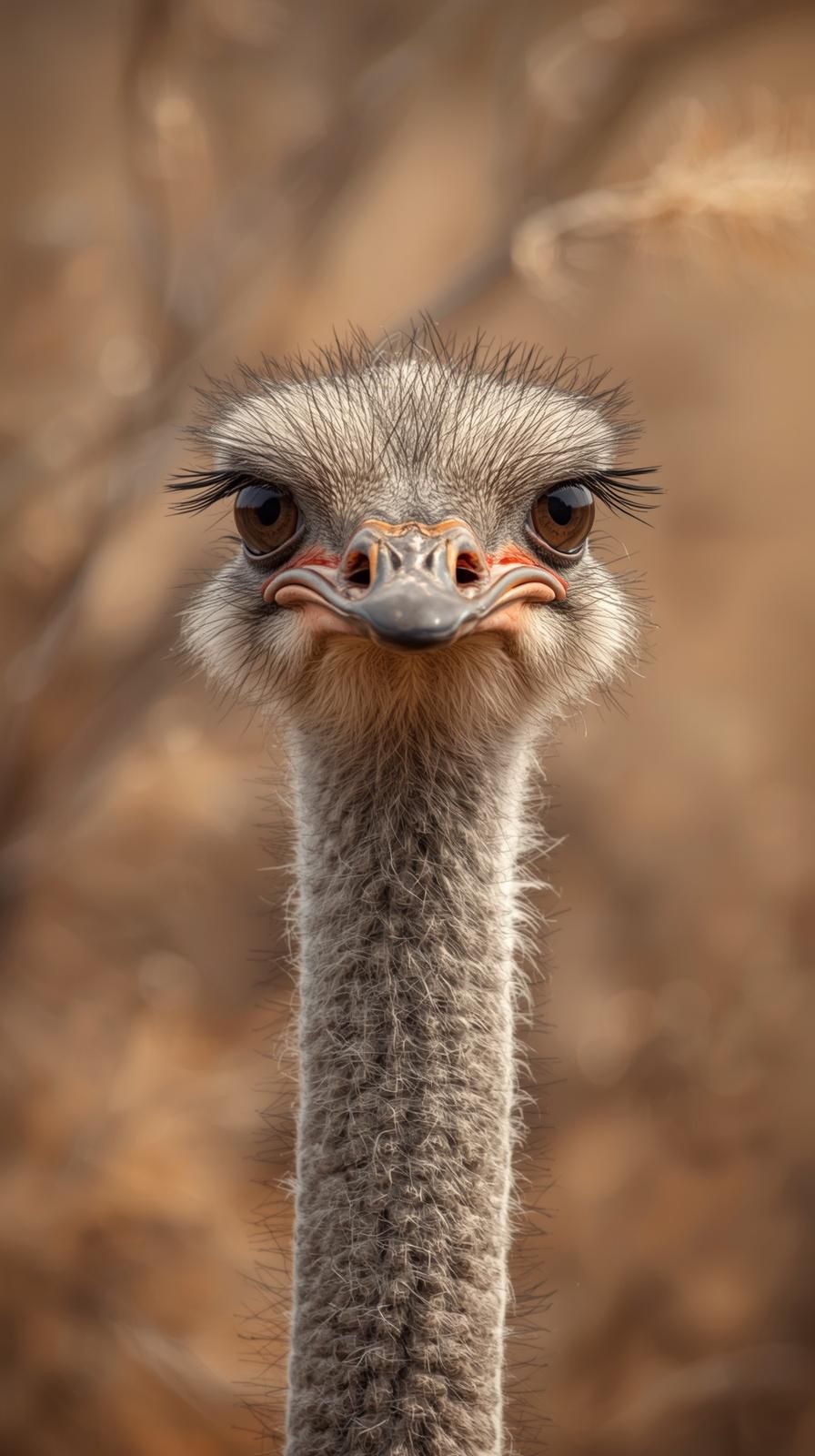 Close-up portrait of an ostrich with expressive eyes and long eyelashes.